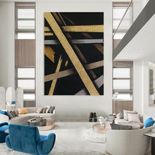 Load image into Gallery viewer, “Gilded Geometry” - Black, Gold, and Silver Abstract Art, Abstract Painting on Canvas DKH1094