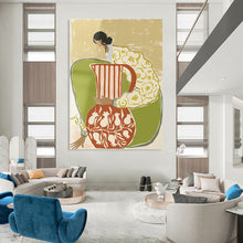 Load image into Gallery viewer, “Figural Vase Harmony” - Green, Yellow, Red, White Abstract Art on Canvas DKH1145