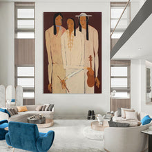 Load image into Gallery viewer, “Three Figures in Neutral Attire” – Stylized Figurative Painting with Cultural Undertones DTP141