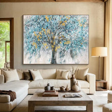 Load image into Gallery viewer, Blue Tree “Golden Accents” Painting on Canvas, Whimsical Landscape Art DKH889