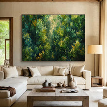Load image into Gallery viewer, Green Forest “Sunlit Glade” Painting on Canvas, Nature - Inspired Wall Art DKH811