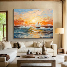 Load image into Gallery viewer, Colorful Sailboat Seascape Abstract Painting on Canvas - “Sailing into Sunset” DKH625