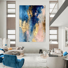Load image into Gallery viewer, “Blush & Blue Gold Melt” – Blue, Pink & Gold Abstract Acrylic with Layered Textures DTP072