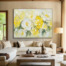 Load image into Gallery viewer, Yellow and White Floral Abstract Painting on Canvas - “Sunny Blooms” DKH696