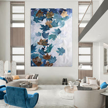 Load image into Gallery viewer, Blue & Gold Leaf Abstract Painting, Perfect for Elegant Dining Room & Nature - Inspired Living Room LargeART2078