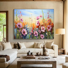 Load image into Gallery viewer, Wildflower Meadow “Colorful Cosmos” Painting on Canvas, Cheerful Floral Art DKH903