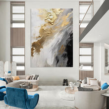 Load image into Gallery viewer, “Gilded Flow” ,White, gray, black, and gold, featuring fluid, dripping brushstrokes and metallic accents. DTP302