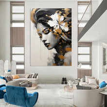 Load image into Gallery viewer, Portrait Abstract Painting, Black, White & Gold, Feminine Art for Salon & Bedroom LargeART2170