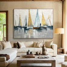 Load image into Gallery viewer, Gold - Accented Sailboat Abstract Art for Nautical Living Room & Elegant Yacht Club DKH169