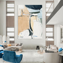 Load image into Gallery viewer, “Beige, Blue & Black Line Abstract” - Minimalist Abstract Art on Canvas DKH1523