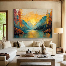 Load image into Gallery viewer, Mountain Sunset “Golden Reflections” Painting on Canvas, Breathtaking Landscape Art DKH907