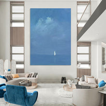 Load image into Gallery viewer, Subtle Blue - Toned Distant Sailboat Abstract Painting, Ideal for Minimalist Bedroom & Meditative Space LargeART1879