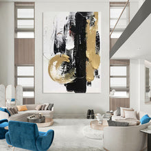 Load image into Gallery viewer, “Bold Black and Gold Abstract with Textured Marks” – Dramatic Abstract Exuding Opulence and Energy DTP146