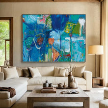 Load image into Gallery viewer, Hand - painted Blue - toned Abstract Floral Acrylic Art for Coastal Bathroom Decor LargeART1660