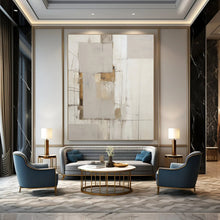 Load image into Gallery viewer, “Neutral Grid Abstract with Gold Accents” - Grey, White, Gold Abstract Art on Canvas DKH1316