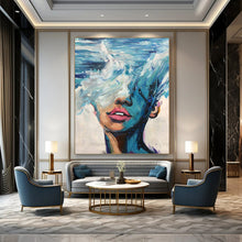 Load image into Gallery viewer, “Wave - Masked Figure” – Blue, white, and pink, with waves merging with a human face. DTP347