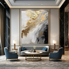 Load image into Gallery viewer, “Gilded Flow” ,White, gray, black, and gold, featuring fluid, dripping brushstrokes and metallic accents. DTP302