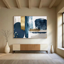 Load image into Gallery viewer, Hand - painted Navy, Gold, and Gray Abstract Forms Acrylic Art for Elegant Home Dining Rooms LargeART1720