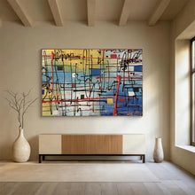 Load image into Gallery viewer, Abstract Grid “Colorful Web” Painting on Canvas, Modern Line Art DKH842