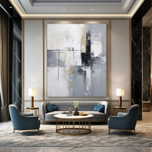 Load image into Gallery viewer, “Gray and Gold Geometric Abstract” – Clean Abstract with Angular Shapes and Metallic Tones DTP138