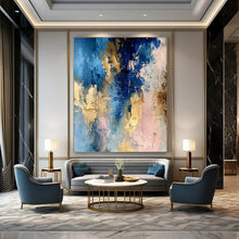 Load image into Gallery viewer, “Blush & Blue Gold Melt” – Blue, Pink & Gold Abstract Acrylic with Layered Textures DTP072
