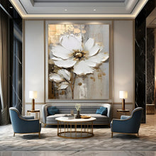 Load image into Gallery viewer, “Elegant Bloom” White flowers with gold accents on textured background. DTP300
