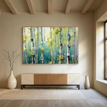 Load image into Gallery viewer, Sunlit Birch Forest Abstract Painting on Canvas - “Green Sanctuary” DKH670