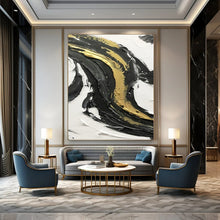Load image into Gallery viewer, “Gold - Kissed Swirls” – Black, white, and gold impasto, flowing curves DTP379