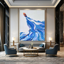 Load image into Gallery viewer, “Boat on Swirling Waves” – Small orange boat, dynamic blue and white swirling wave patterns. DTP321