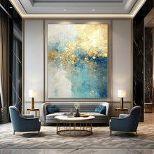 Load image into Gallery viewer, “Aqua Gold Cascade” – Blue, Aqua & Gold Abstract Acrylic with Flowing Textures DTP077
