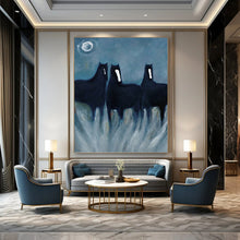 Load image into Gallery viewer, “Mystic Black Horses in Moonlight” - Symbolic Equine Art on Canvas DKH1444