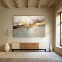 Load image into Gallery viewer, Hand - painted Beige, Gold, and Blue Abstract Layers Acrylic Art for Timeless Living Room Centers LargeART1714