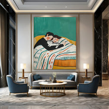 Load image into Gallery viewer, Green - Yellow Abstract Family Scene Painting, Ideal for Cozy Living Room & Warm Bedroom LargeART2043