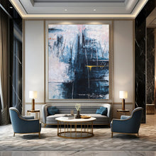 Load image into Gallery viewer, “Moody Blue Abstraction” - Blue, Grey, Pink, Yellow Abstract Art on Canvas DKH1111