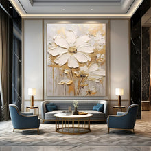 Load image into Gallery viewer, “Gilded White Floral Impasto” - Gold and White Flower Art on Canvas DKH1395