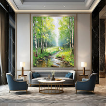 Load image into Gallery viewer, “Sunlit Forest Path with Stream” - Green, Yellow, Blue Landscape Art on Canvas DKH1266