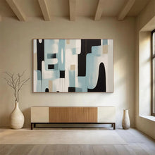 Load image into Gallery viewer, Hand - painted Blue, Black, and Beige Abstract Shapes Acrylic Art for Contemporary Hallway Displays LargeART1711