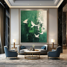 Load image into Gallery viewer, “Green and White Bird Abstract” - Green, White Abstract Art on Canvas DKH1311