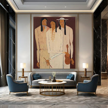 Load image into Gallery viewer, “Three Figures in Neutral Attire” – Stylized Figurative Painting with Cultural Undertones DTP141