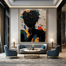 Load image into Gallery viewer, “Colorful Silhouette” ,Black figure surrounded by bold, textured swaths of blue, green, yellow, orange, and red. DTP308