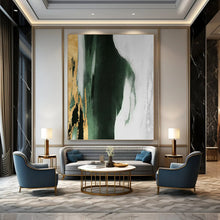 Load image into Gallery viewer, “Gold - Accented Green and White” - Green, White, Gold, Black Abstract Art on Canvas DKH1234