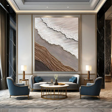 Load image into Gallery viewer, “Multi - Material Coastal Collage” – White, brown, gray, and other colors, with fabric and plaster to mimic a coastal scene. DTP344