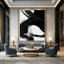 Load image into Gallery viewer, Intense Black Ink Crescendos – Dramatic Black Brushstrokes on White Abstract DTP196