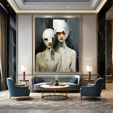 Load image into Gallery viewer, Cubist Abstract Human Figures Painting, Monochromatic Gray - Toned Art for Modern Art Gallery & Thought - Provoking Study LargeART2203