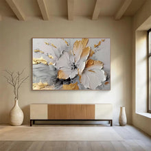 Load image into Gallery viewer, Gold and White Floral Textured Abstract Painting on Canvas - “Gilded Beauty” DKH677