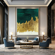 Load image into Gallery viewer, “Green and Gold Mountain Abstract” - Green, Gold, White Abstract Art on Canvas DKH1335