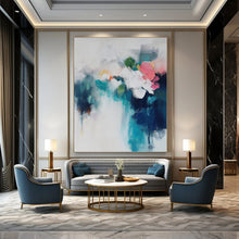 Load image into Gallery viewer, “Blended Blooms in Teal & Pink” Abstract Floral Painting on Canvas, Elegant Living Decor DKH996