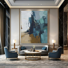 Load image into Gallery viewer, “Blue - Gray Abstract with Gold Lines” Abstract Painting on Canvas, Modern Office Decor DKH1016