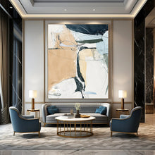 Load image into Gallery viewer, “Beige, Blue & Black Line Abstract” - Minimalist Abstract Art on Canvas DKH1523