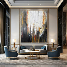 Load image into Gallery viewer, “Urban Chaos in Black, White, and Gold” - Black, White, Gold, Orange Abstract Art on Canvas DKH1229